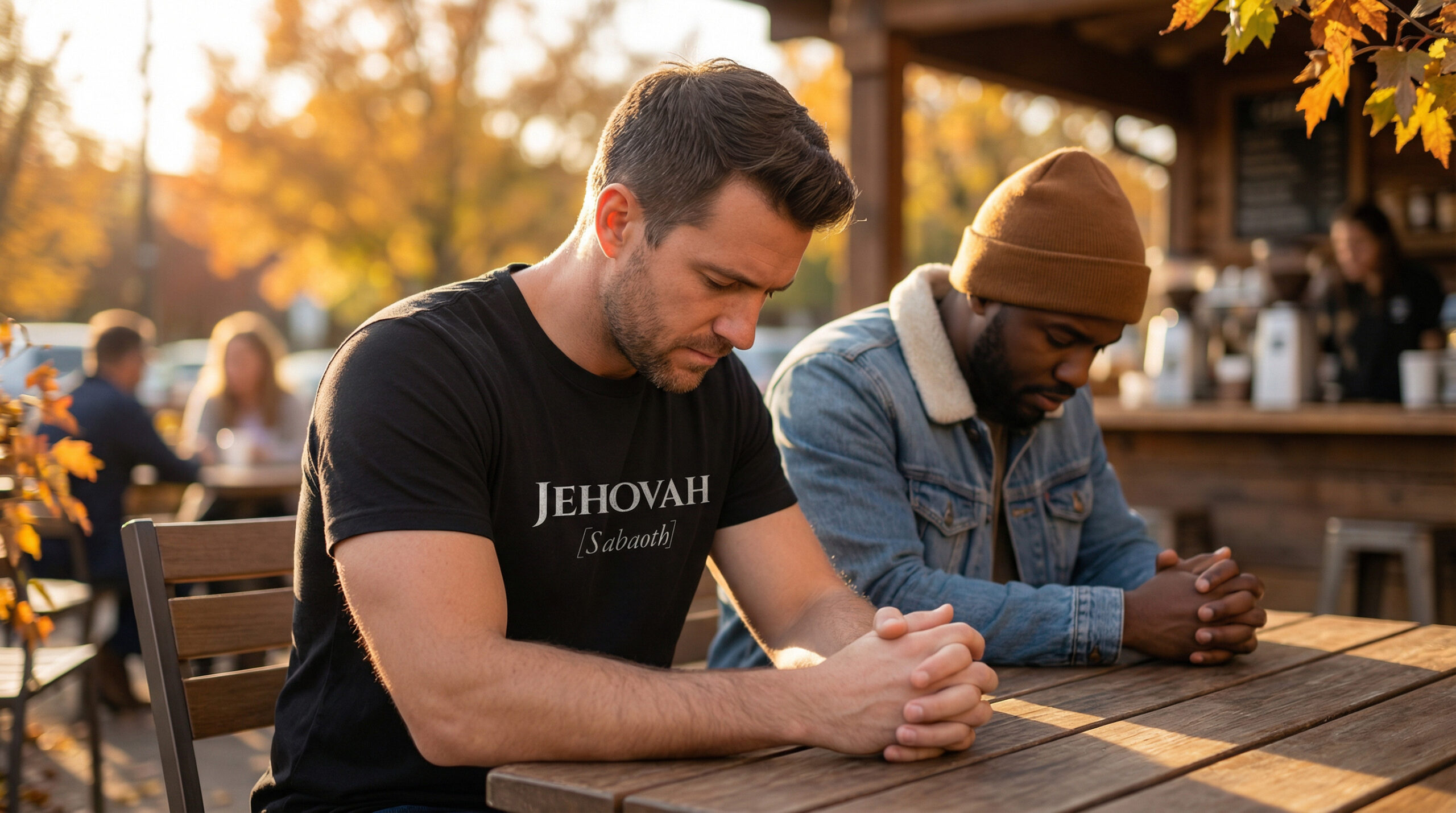 Man wearing Jehovah Sabaoth Christian tee praying with a friend at a coffee shop
