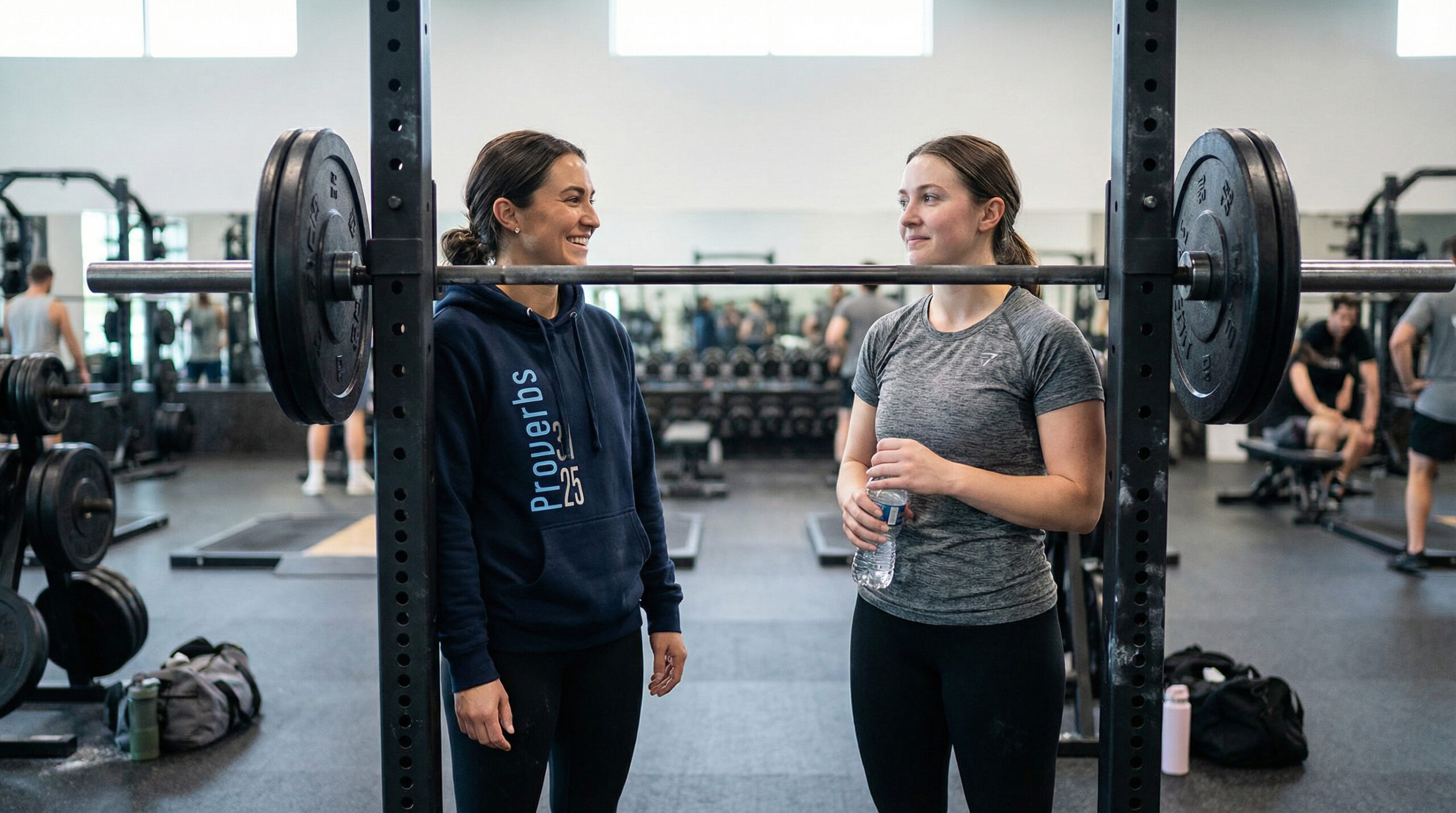 Woman in Proverbs 31:25 Christian tee talking between sets at the gym