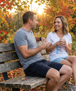 Proverbs 31:25 coffee on a bench